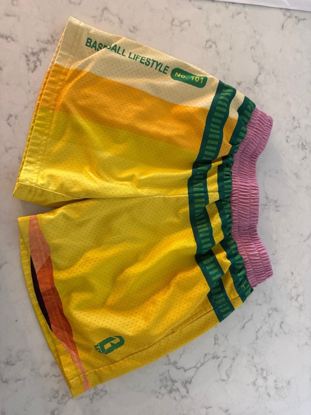 Baseball Lifestyle pencil Athletic Shorts with Pink Waistband and Green Trim